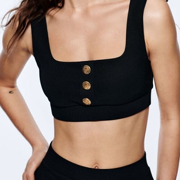 NWT BLOGGERS FAVORITE ⚫️ BLACK ZARA BUTTONED CROP TOP GOLDEN BUTTONS - Picture 8 of 13